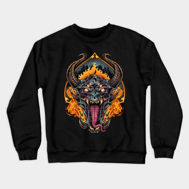 Demon Face and Fire Skulls Crewneck Sweatshirt by FlylandDesigns